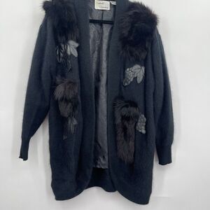 Baluchi Creations Charcoal Gray Angora Rabbit Hair Cardigan Sweater Size Small